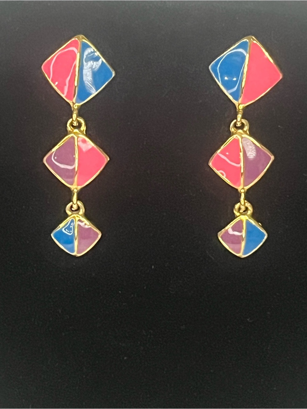 Gold-Tone Multi-Color Enamel Drop Earrings - Pink, Blue, Purple